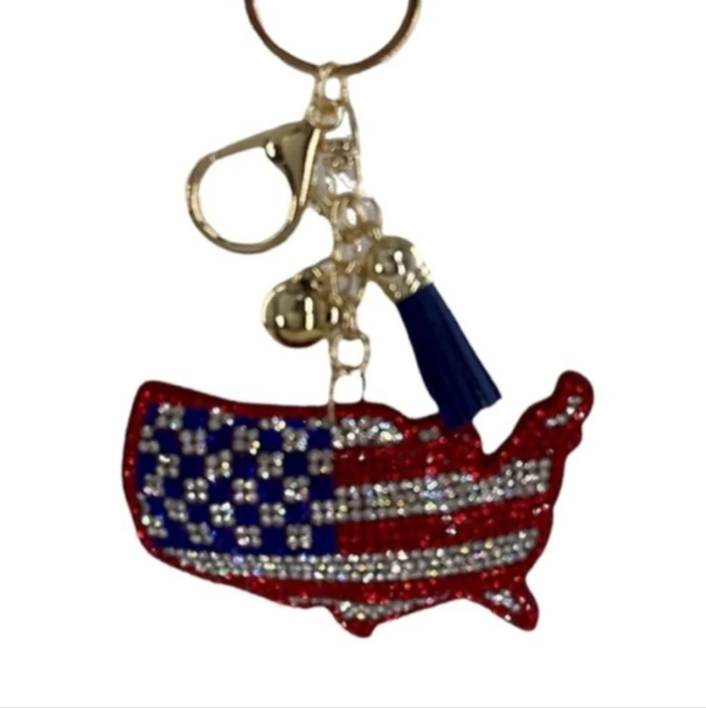 USA shaped American flag•rhinestones ball and tassel•goldtone•NWT
